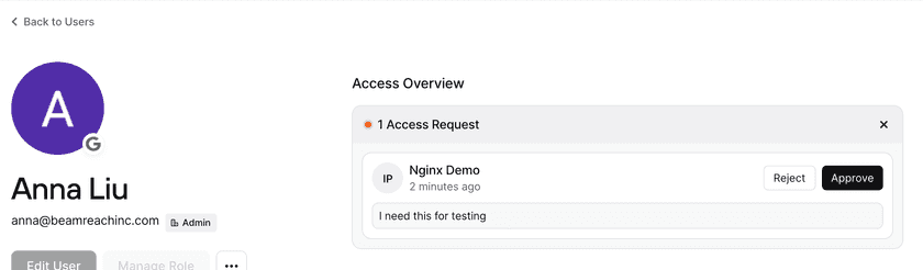 An open Access Request displayed on a User's detail page in the Admin Console