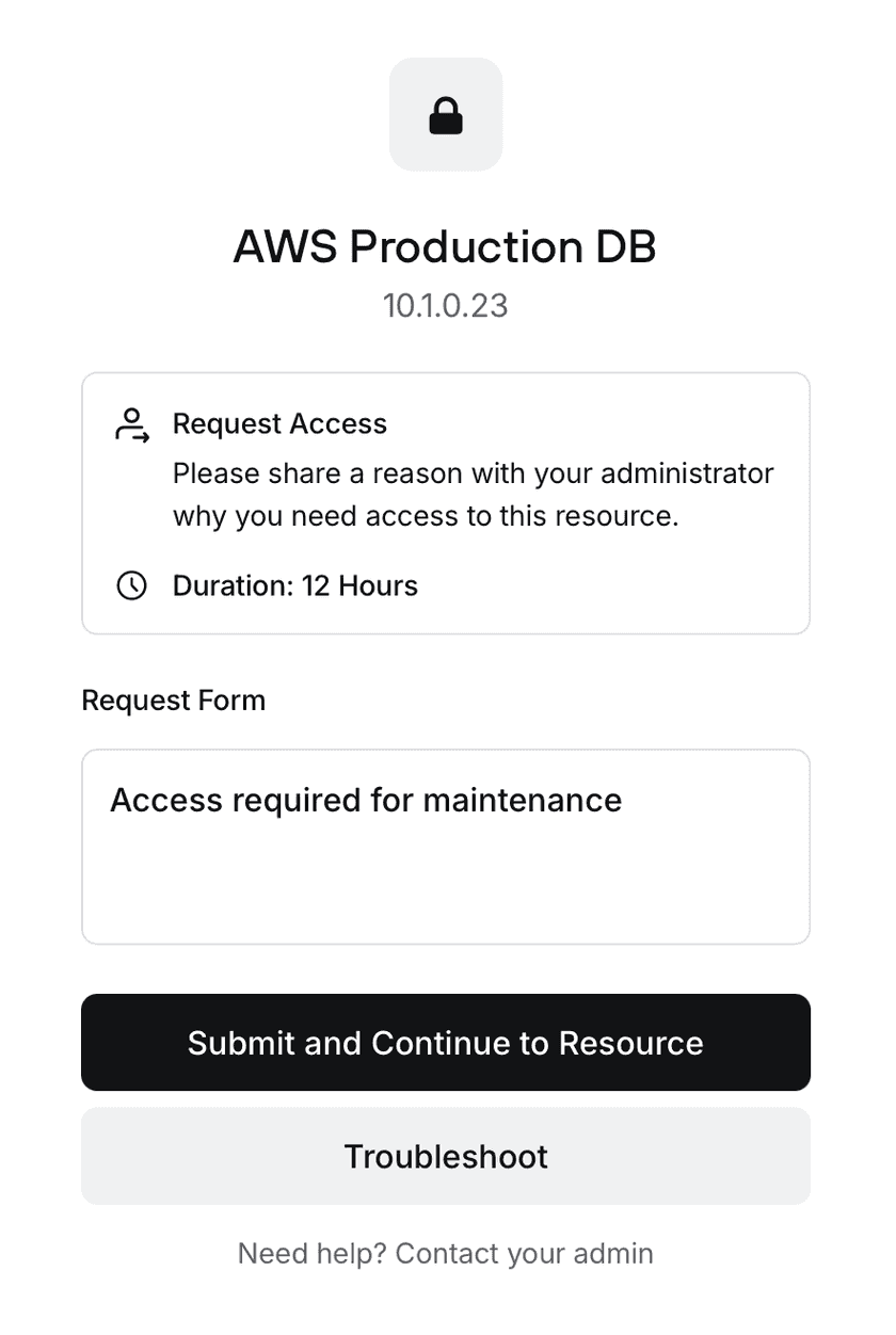 The access request page that users see in the browser after selecting Authenticate on a JIT-protected Resource