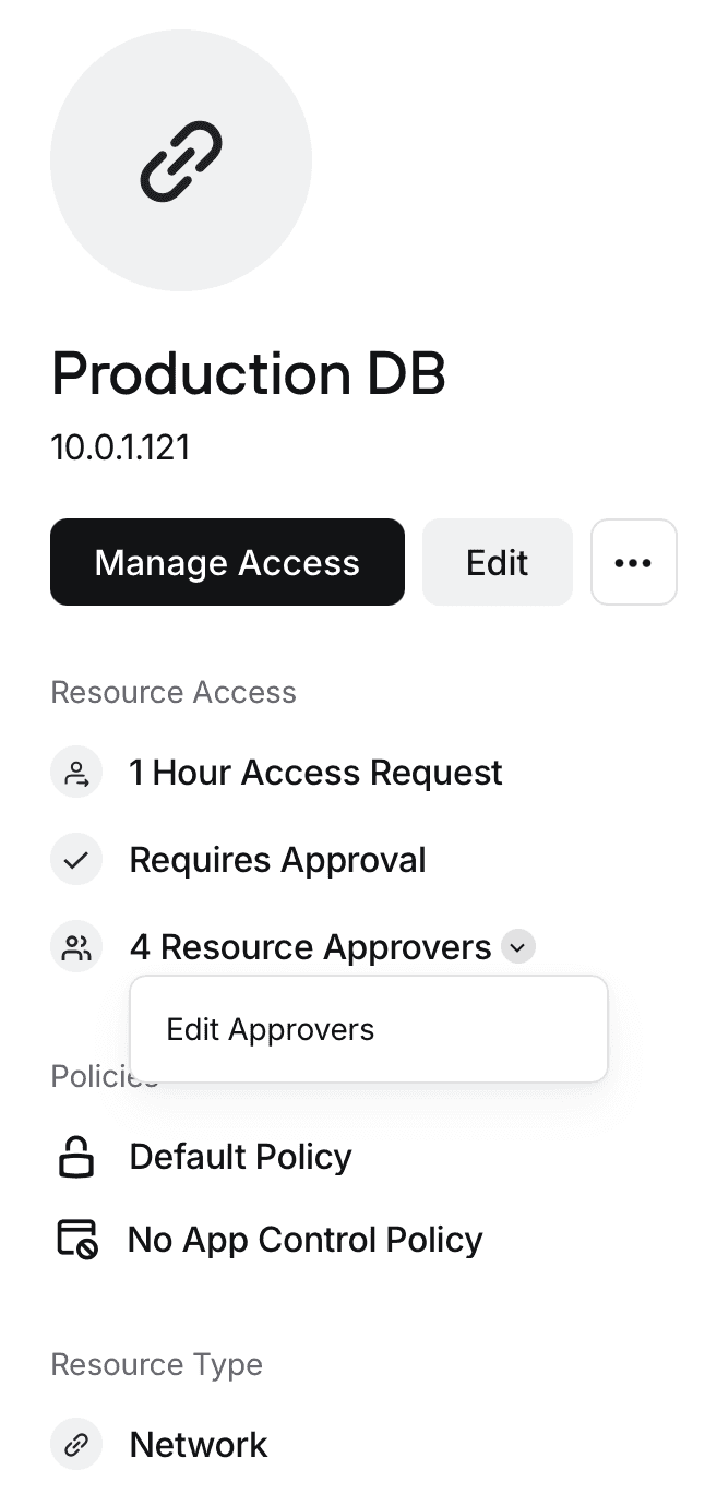 The entry point for assigning Resource Approvers on a Resource's detail page in the Admin Console