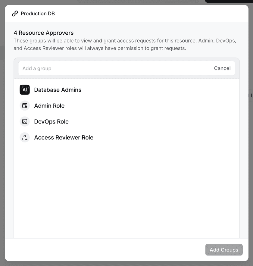The Resource Approvers dialog showing the Groups assigned to review and approve Access Requests for a Resource