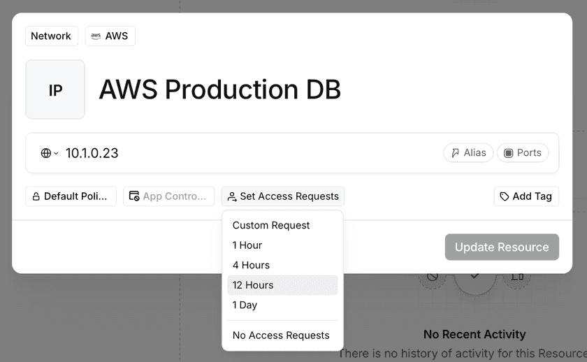 The access period dropdown showing preset durations and the Custom Request option