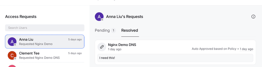 The Access Requests page showing open and recently resolved requests across all Resources