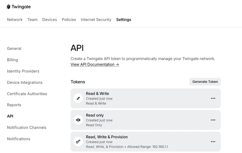 The API section of Settings, showing tokens with Read only, Read & Write, and Read, Write & Provision permission levels.