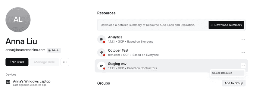Unlocking a locked Resource for a user from the user's detail page in the Admin Console