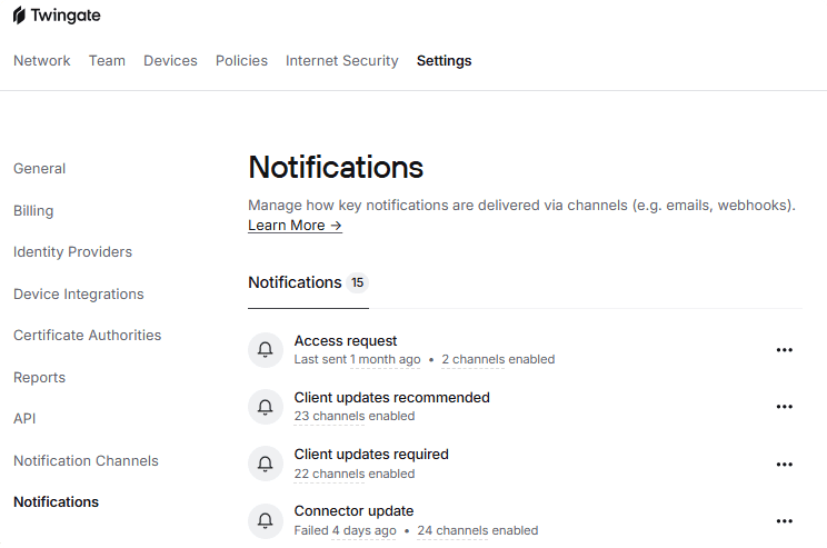 Notification settings for access requests, including admin role filters and webhook configuration