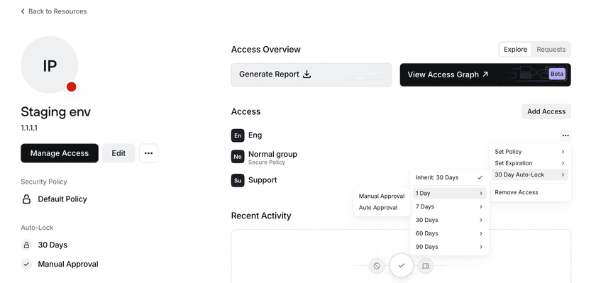 Modifying the auto-lock duration and approval method for a Group that already has access to a Resource