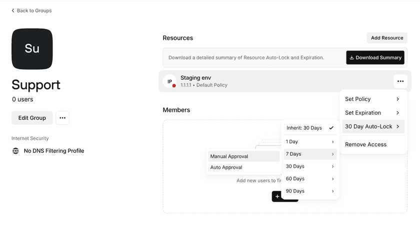 Setting an auto-lock duration and approval method for a Resource on a Group's detail page