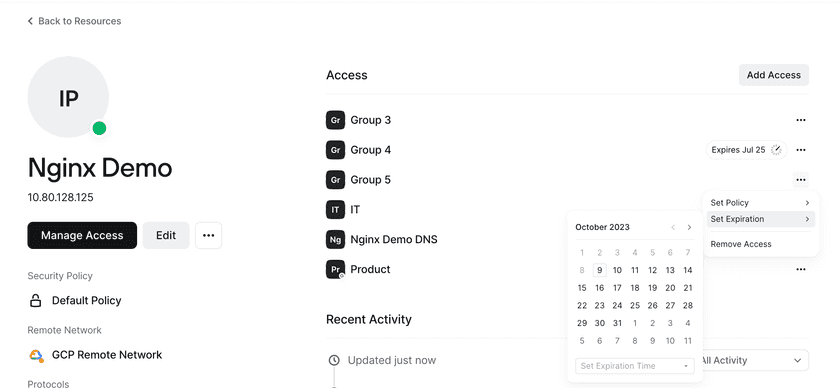 Setting or modifying an expiration time for a Group that already has access to a Resource