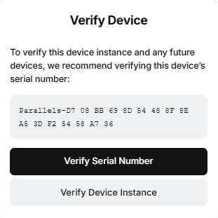 The device verification modal showing the option to verify a device instance