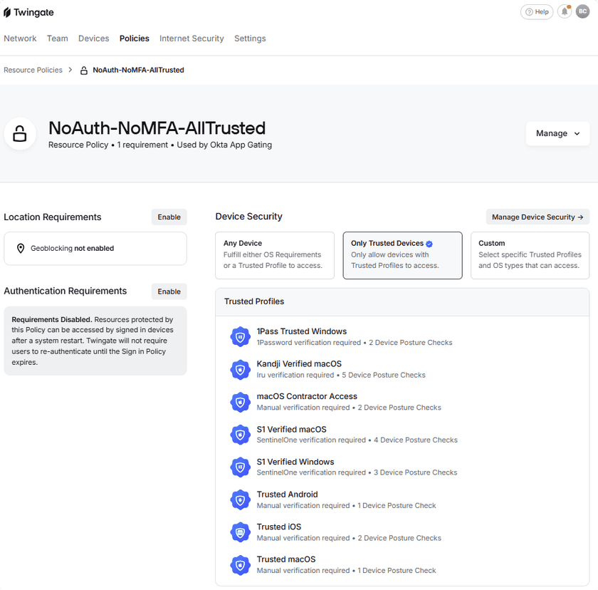 A Resource Policy with authentication requirements disabled, showing device-only mode