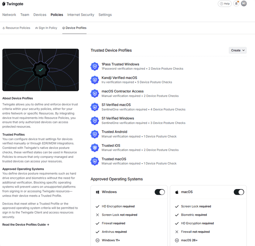 The Device Profiles tab showing Trusted Profiles and Approved Operating Systems