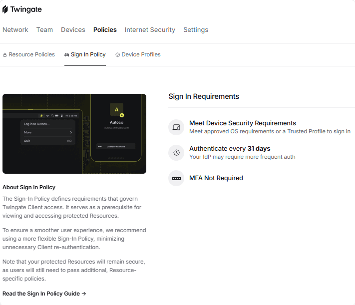 The Sign In Policy tab showing device security, authentication frequency, and MFA settings