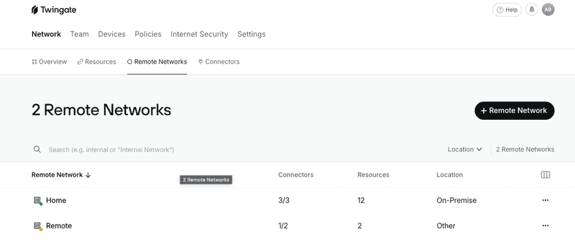 Remote Networks Screen