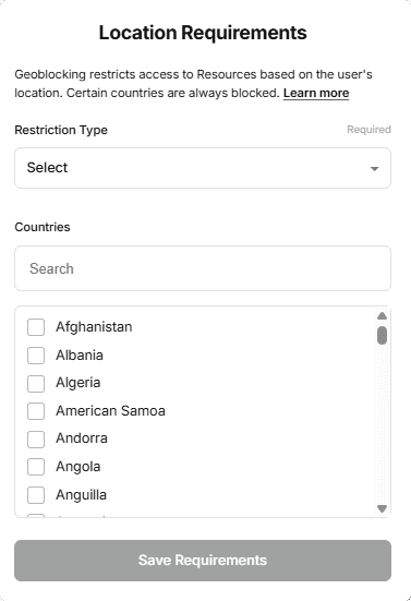 The Location Requirements configuration showing allowlist and denylist options