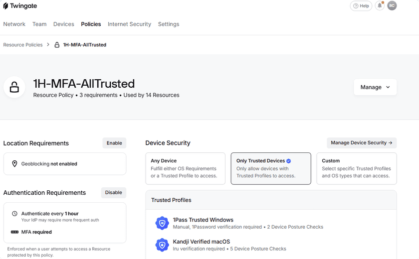 A Resource Policy detail page showing authentication, device security, and location requirements